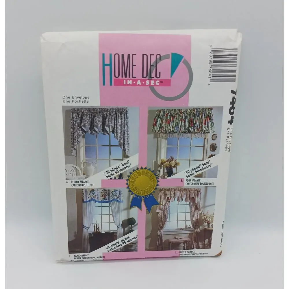 Home Dec in a Sec 7484 Vtg 1995 Valance Window Treatment Curtain Sewing Pattern